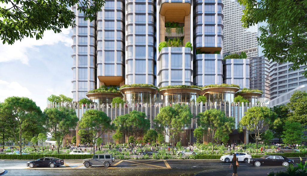 Les espaces verts au sol du 8 Shenton Way du cabinet Skidmore, Owings & Merrill.