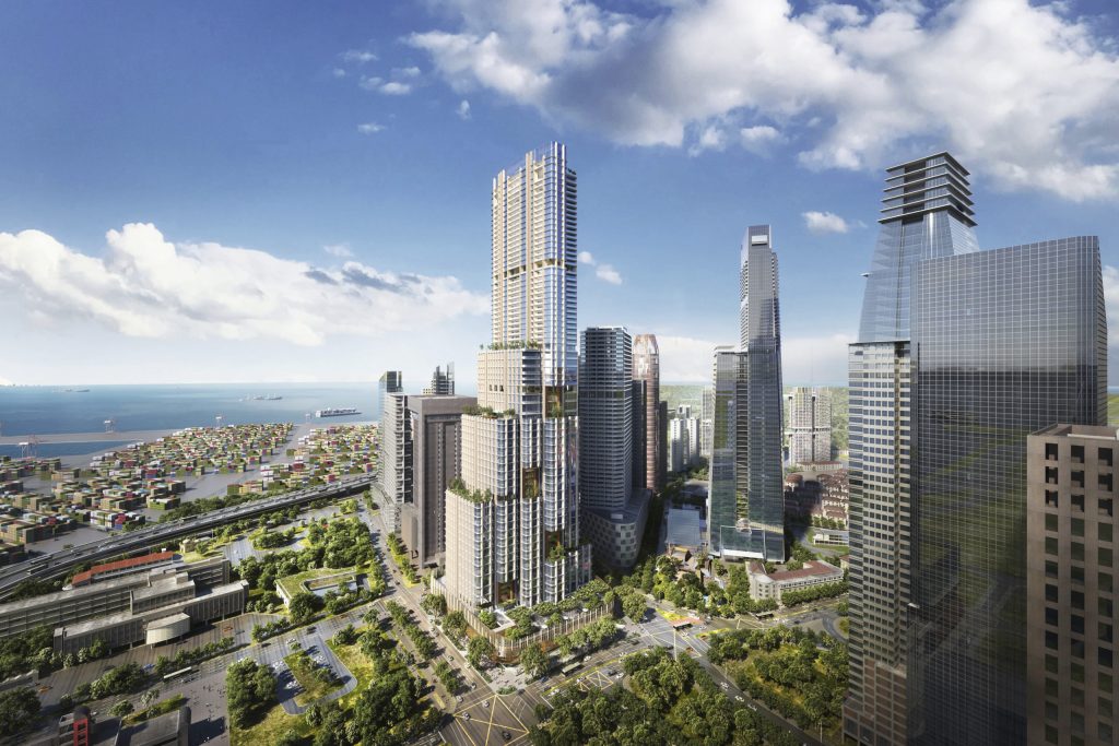 Le 8 Shenton Way du cabinet Skidmore, Owings & Merrill, vue de loin, avec ses différents palliers.