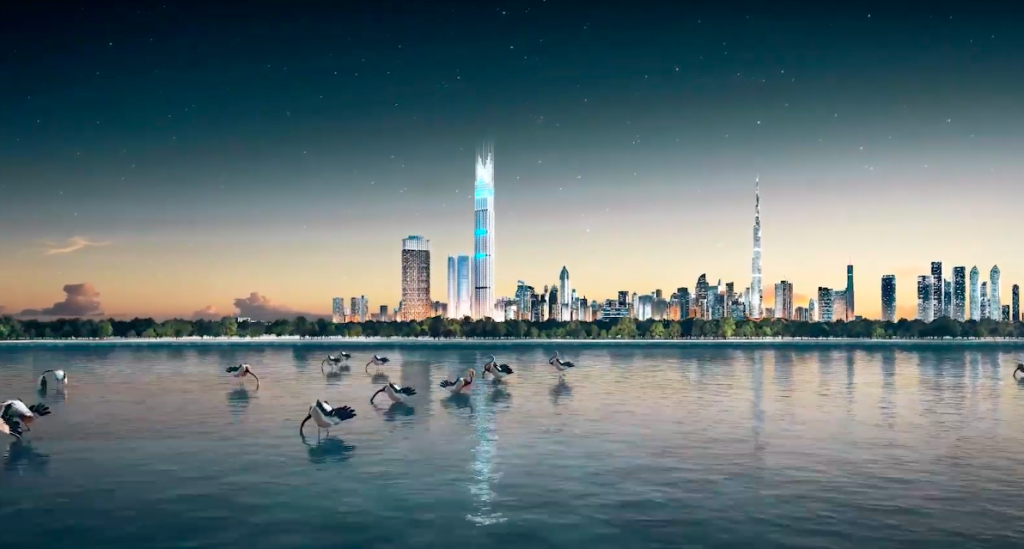 Vue du Burj Binghatti depuis un la baie, avec le Burj Khalifa en arrière-plan, à Dubaï.