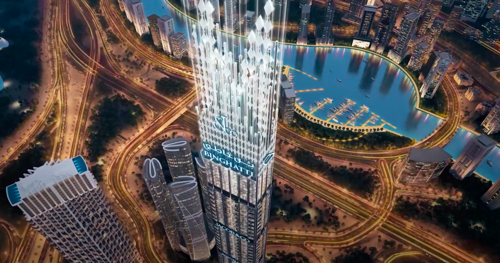 Vue du Burj Binghatti depuis un hélicoptère, à Dubaï.