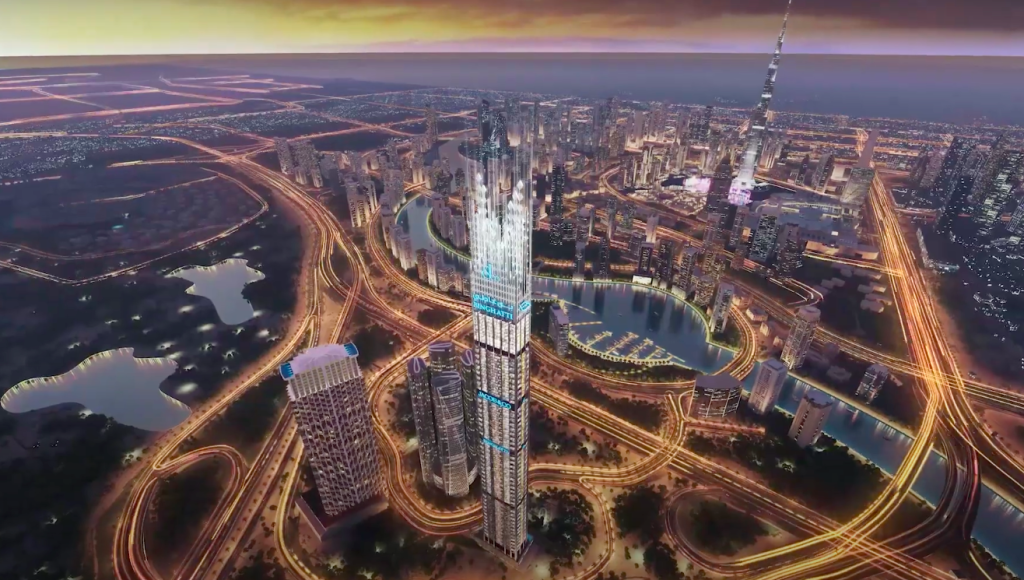 Vue du Burj Binghatti depuis un hélicoptère, avec le Burj Khalifa en fond, à Dubaï.