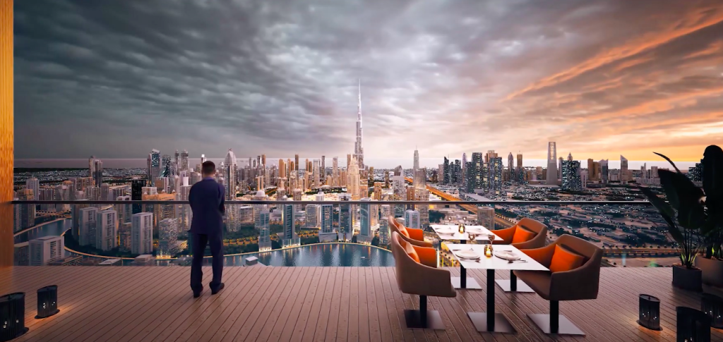 Vue spectaculaire sur Dubaï et le Burj Khalifa depuis une terrasse du gratte-ciel Burj Binghatti.