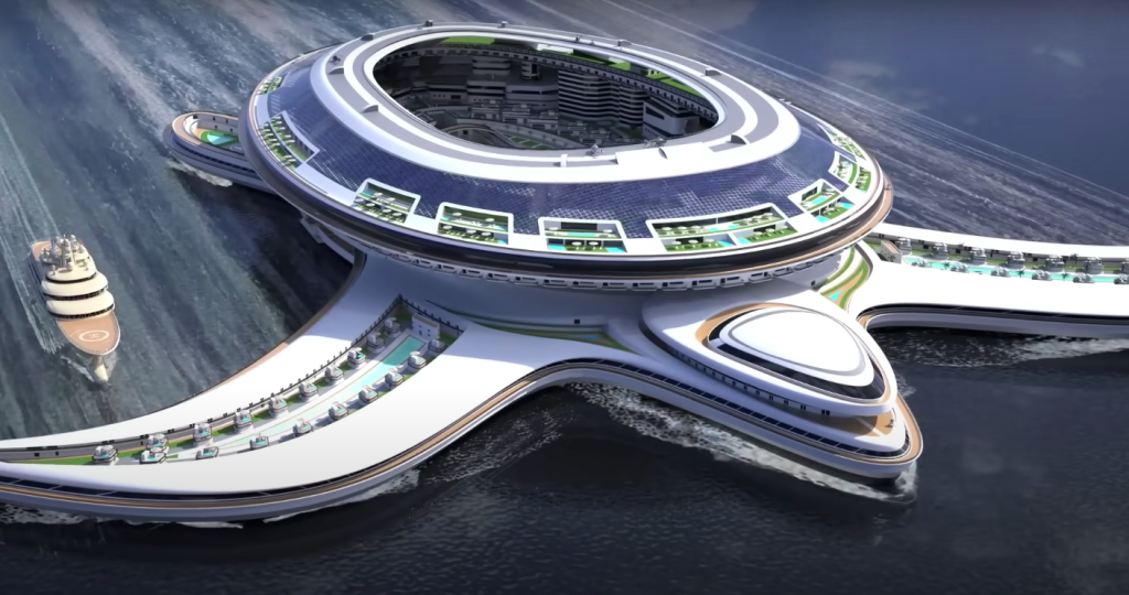 Pangeos, la ville-flottante en forme de tortue imaginée par Pierpaolo Lazzarini, vue du ciel.