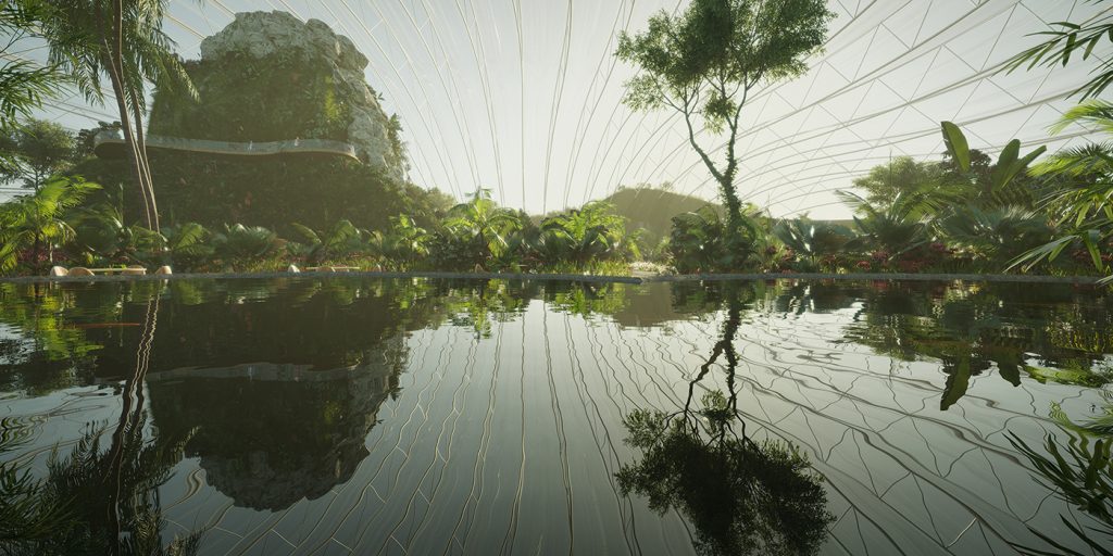 L'intérieur de la bulle Tropicalia, la plus grande serre du monde, avec ses lacs.