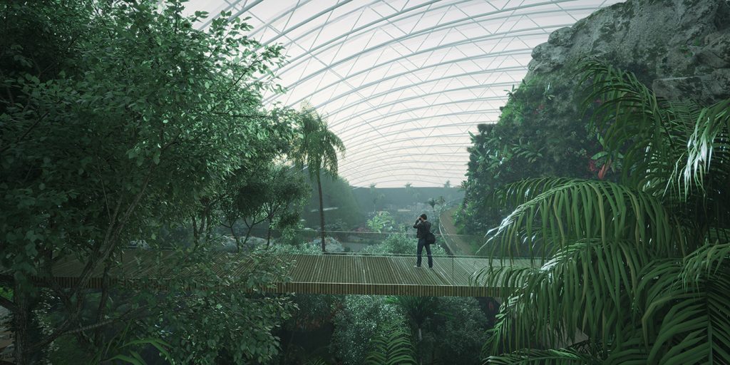 L'intérieur de la bulle Tropicalia, la plus grande serre du monde, avec ses passerelles surélevées en bois et sa végétation luxuriante.