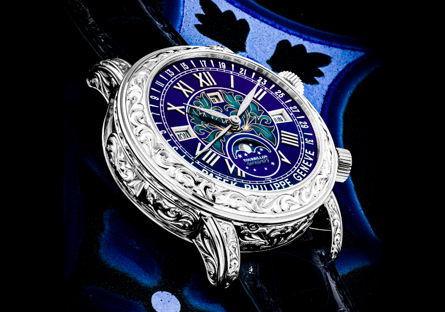 La face avant de la montre de la marque Patek Philippe "Sky Moon Tourbillon" vendu 5,3 millions d'euros par Christie's en 2023.