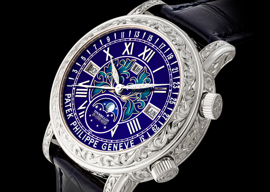 La face avant de la montre de la marque Patek Philippe "Sky Moon Tourbillon" vendu 5,3 millions d'euros par Christie's en 2023.