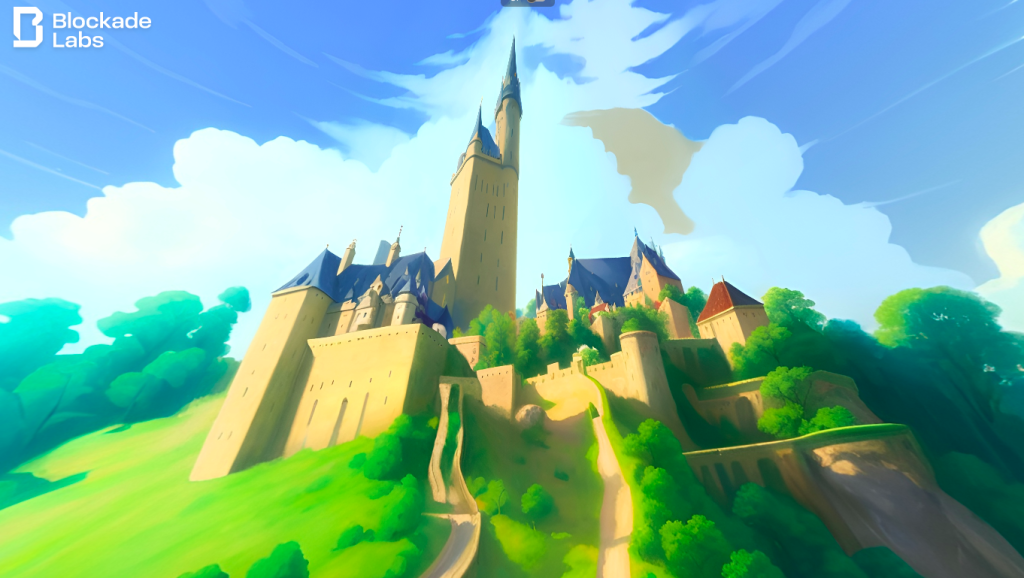 Une image de chateau magnifique perché sur une montagne générée avec la technologie d'intelligence artificielle de Blockade Labs.