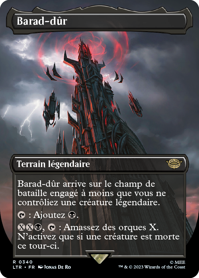 Carte "Barad Dur" Magic the Gathering, dans l'édition Seigneur des Anneaux de 2023.