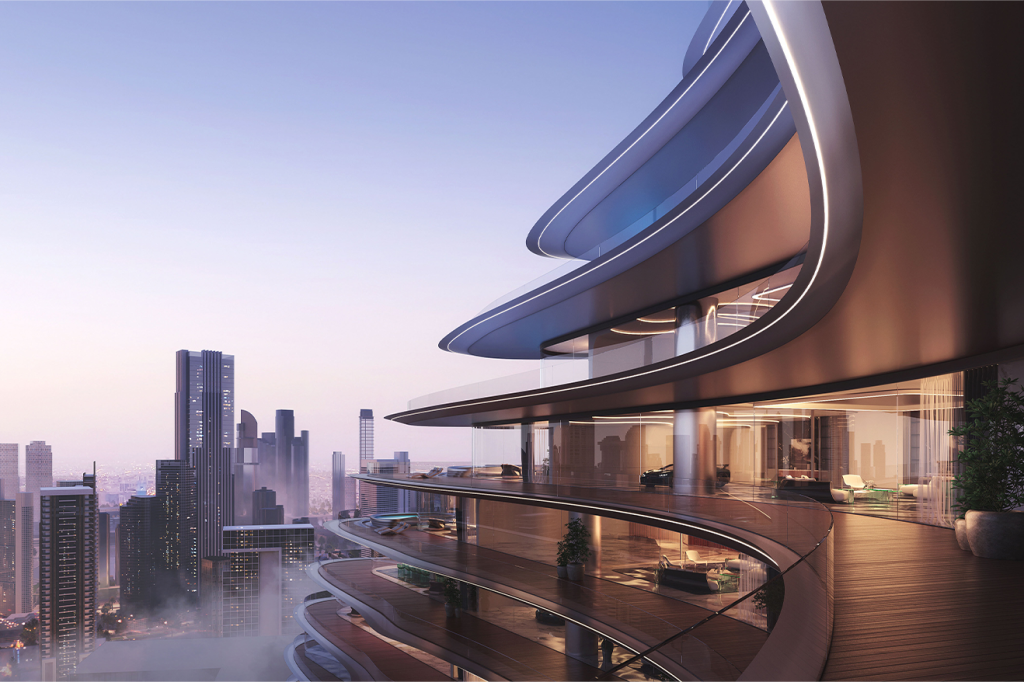 Vue des balcons et terrasses de la tour Bugatti à Dubaï, conçue avec avec l'entreprise Binghatti.