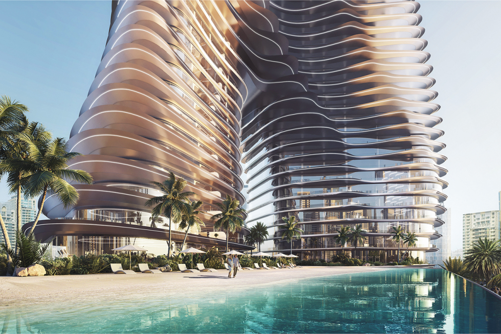 Vue de la plage privée la tour Bugatti à Dubaï, conçue avec avec l'entreprise Binghatti.