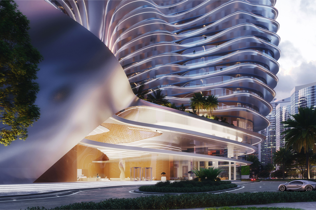 Vue du hall d'entrée la tour Bugatti à Dubaï, conçue avec avec l'entreprise Binghatti.