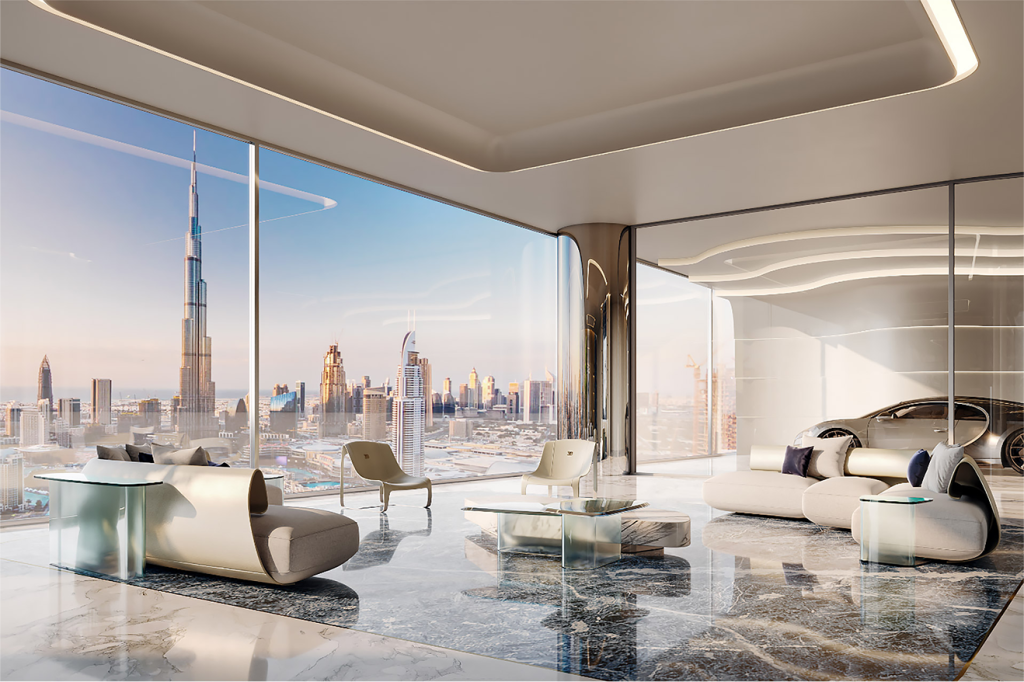 Le salon et l'intérieur en marbre de la tour Bugatti à Dubaï.
