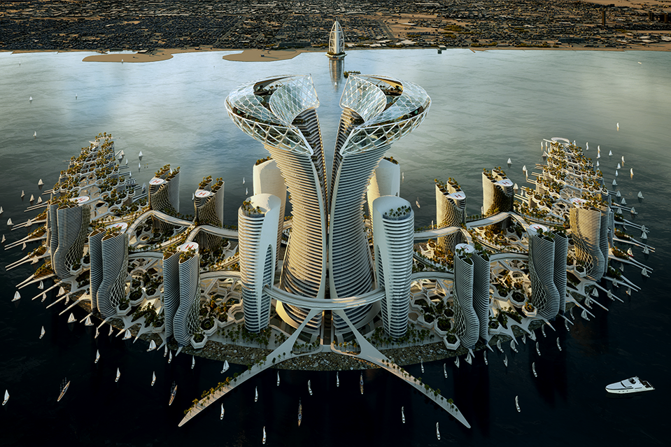 Vue aérienne et globale du Dubai Healthcare City imaginé par Kalbod Studio