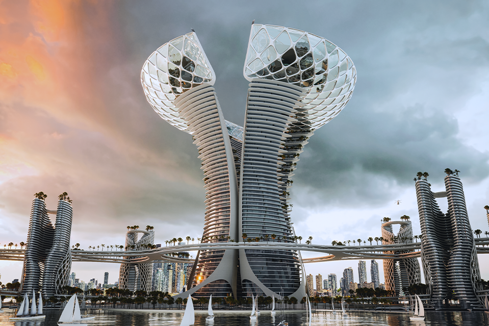 Vue de la tour principale du Dubai Healthcare City imaginé par Kalbod Studio
