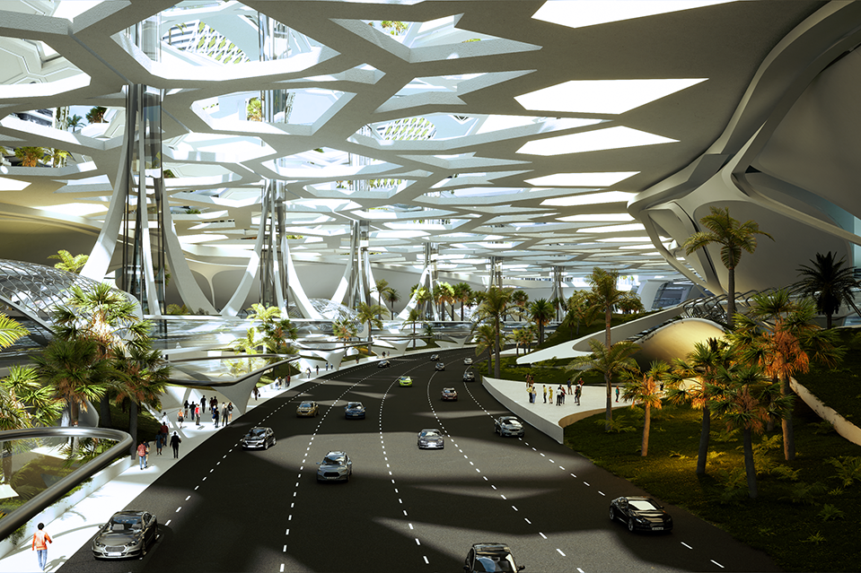 Une large route dans le Dubai Healthcare City imaginé par Kalbod Studio
