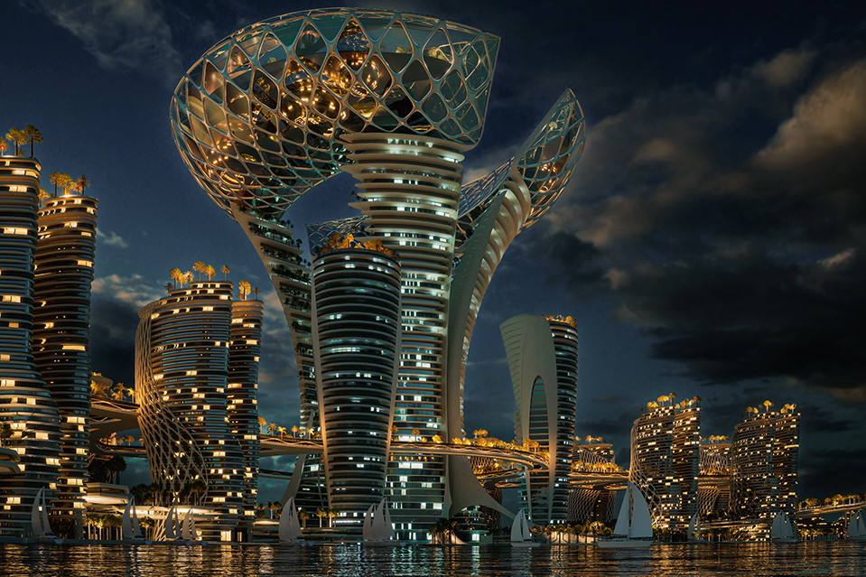 Vue de la tour principale de nuit du Dubai Healthcare City imaginé par Kalbod Studio