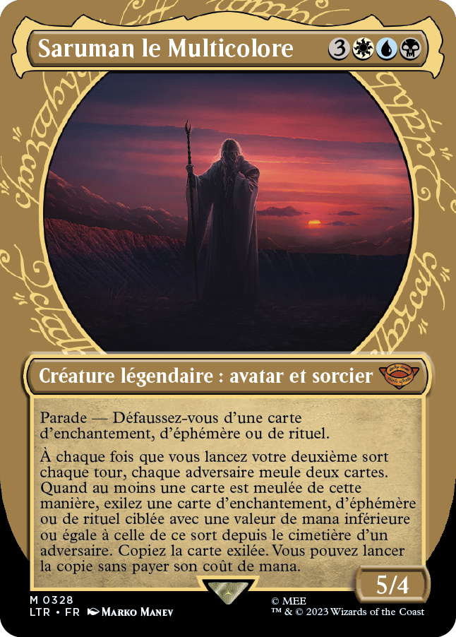 Carte Magic the Gathering de Saruman, dans l'édition Seigneur des Anneaux de 2023.