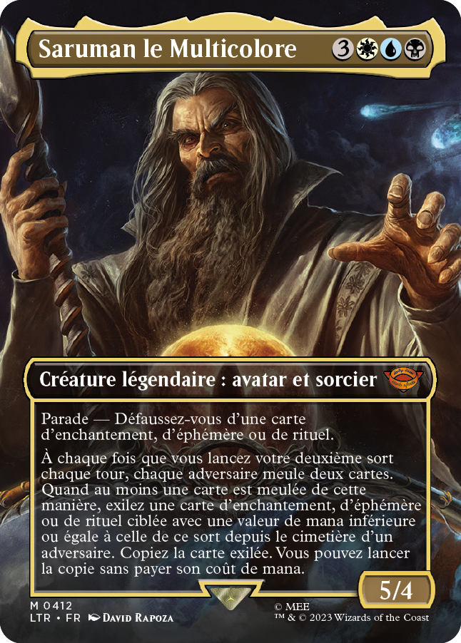 Carte Magic the Gathering de Saruman, dans l'édition Seigneur des Anneaux de 2023.