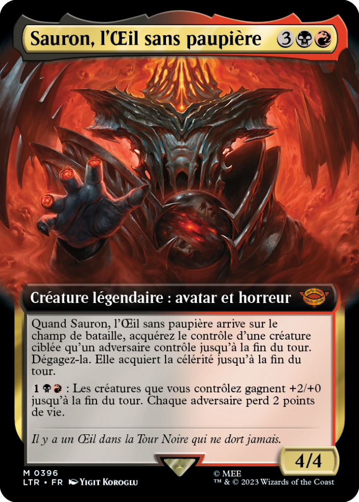 Carte Magic the Gathering de Sauron, dans l'édition Seigneur des Anneaux de 2023.