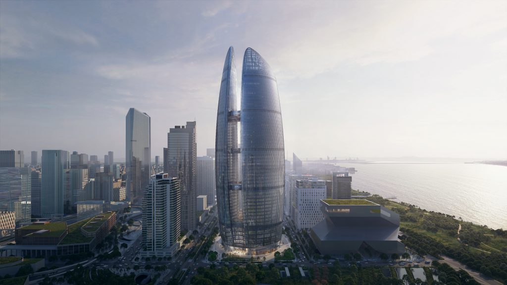 Vue lointaine du Taikang Financial Centre de Zaha Hadid Architects à Wuhan.