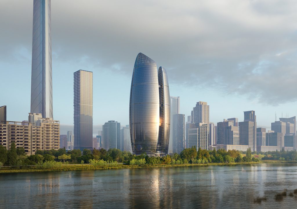 Vue depuis le fleuve du Taikang Financial Centre de Zaha Hadid Architects à Wuhan.