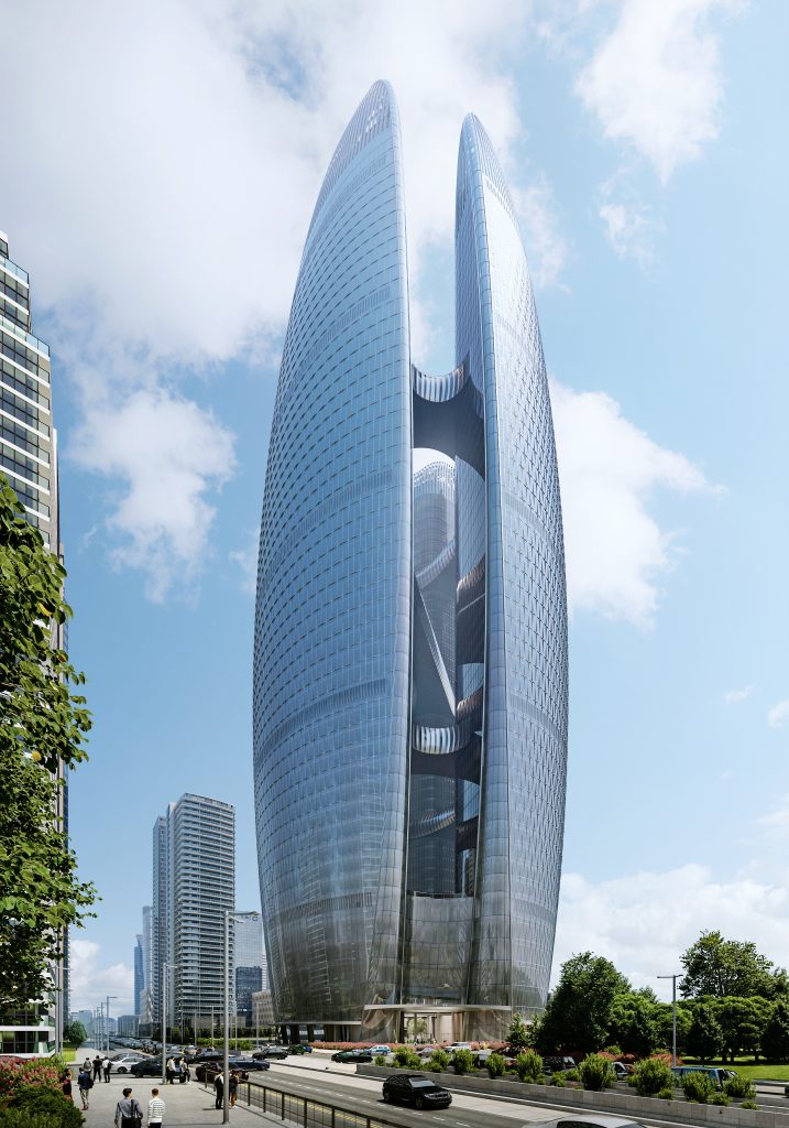 Vue depuis la rue du Taikang Financial Centre de Zaha Hadid Architects à Wuhan.