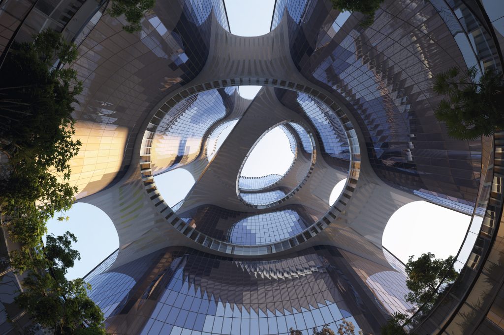 Vue de l'intérieur du Taikang Financial Centre de Zaha Hadid Architects à Wuhan.