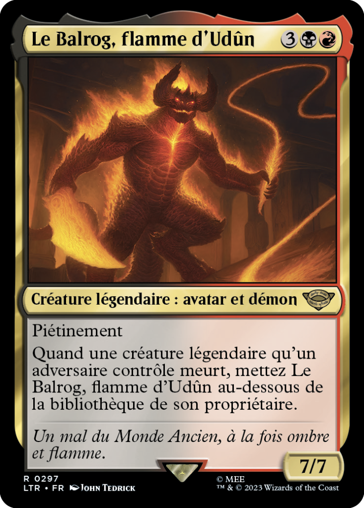 Carte Magic the Gathering de Balrog, dans l'édition Seigneur des Anneaux de 2023.