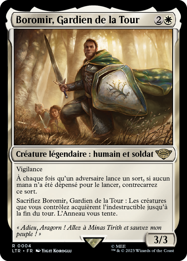 Carte Magic the Gathering boromir, dans l'édition Seigneur des Anneaux de 2023.
