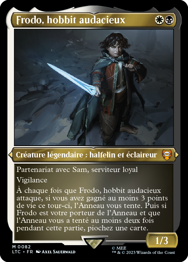 Carte Magic the Gathering de Frodo, dans l'édition Seigneur des Anneaux de 2023.