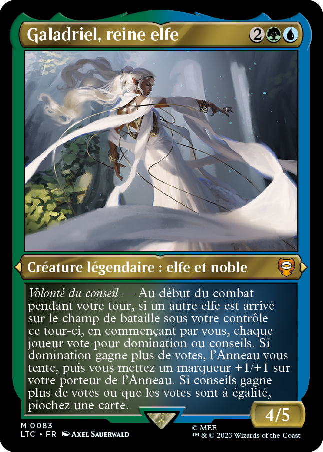 Carte Magic the Gathering de Galadriel, dans l'édition Seigneur des Anneaux de 2023.
