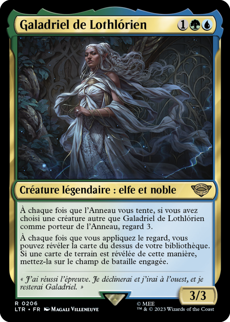 Carte Magic the Gathering de Galadriel, dans l'édition Seigneur des Anneaux de 2023.
