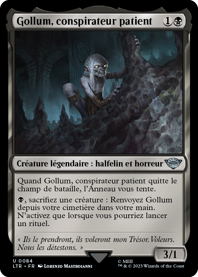 Carte Magic the Gathering de Gollum, dans l'édition Seigneur des Anneaux de 2023.