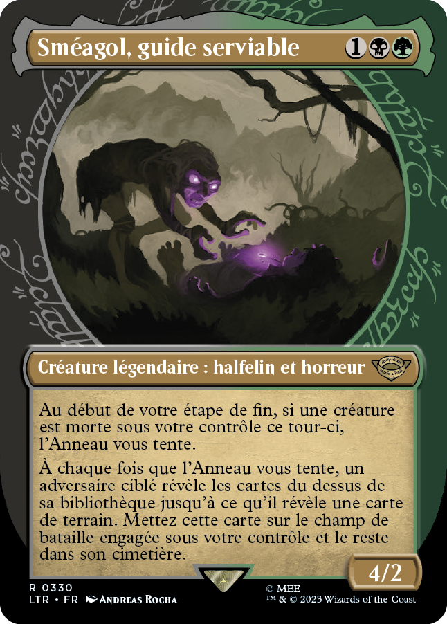 Carte Magic the Gathering de Gollum, dans l'édition Seigneur des Anneaux de 2023.