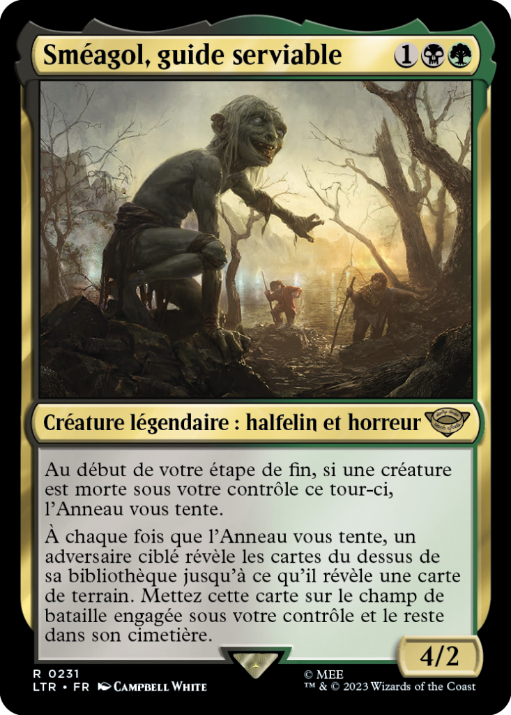 Carte Magic the Gathering de Gollum, dans l'édition Seigneur des Anneaux de 2023.