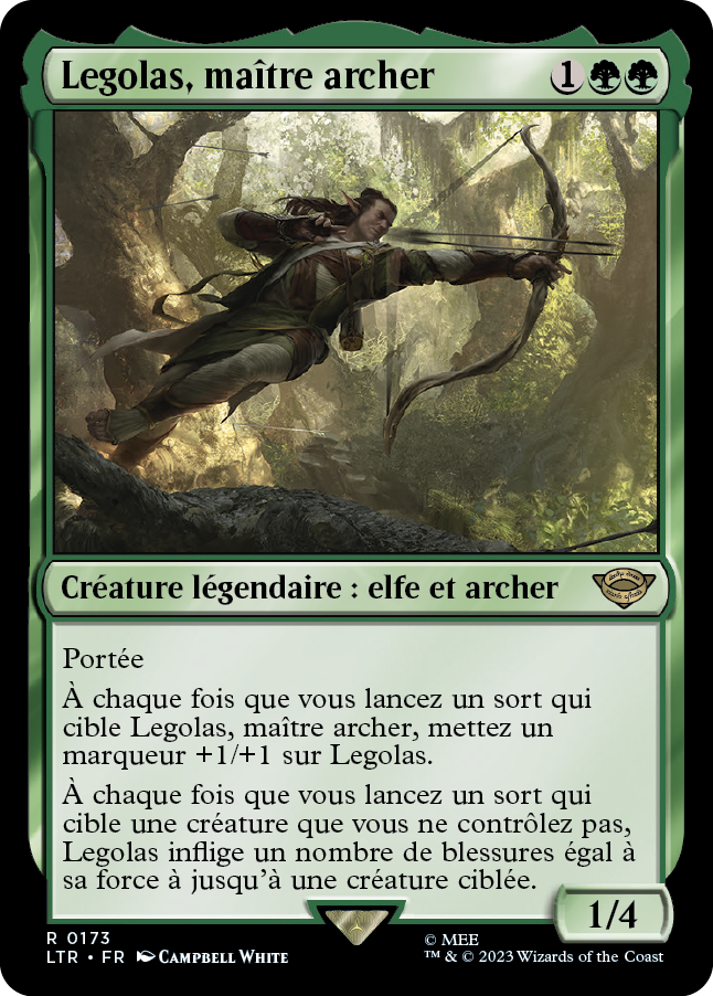 Carte Magic the Gathering de Legolas, dans l'édition Seigneur des Anneaux de 2023.