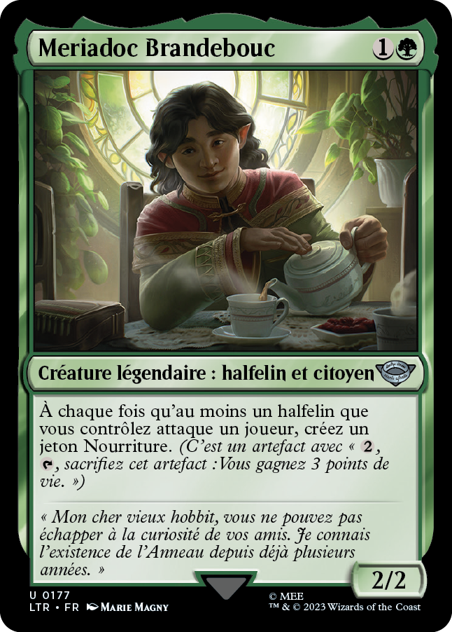 Carte Magic the Gathering Meriadoc, dans l'édition Seigneur des Anneaux de 2023.