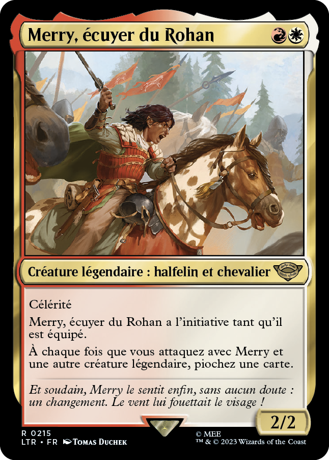 Carte Magic the Gathering de Merry, dans l'édition Seigneur des Anneaux de 2023.