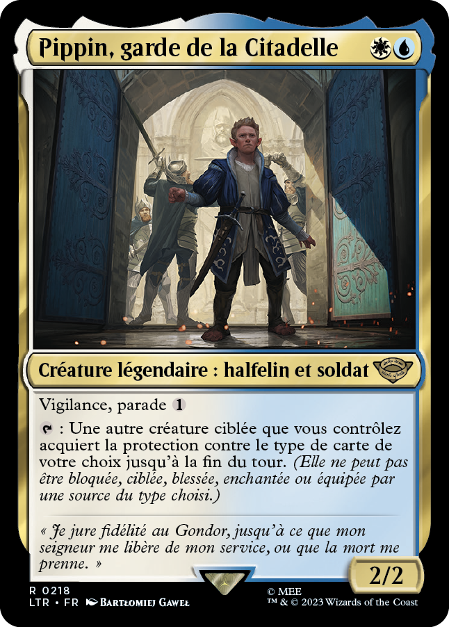 Carte Magic the Gathering de Pippin, dans l'édition Seigneur des Anneaux de 2023.