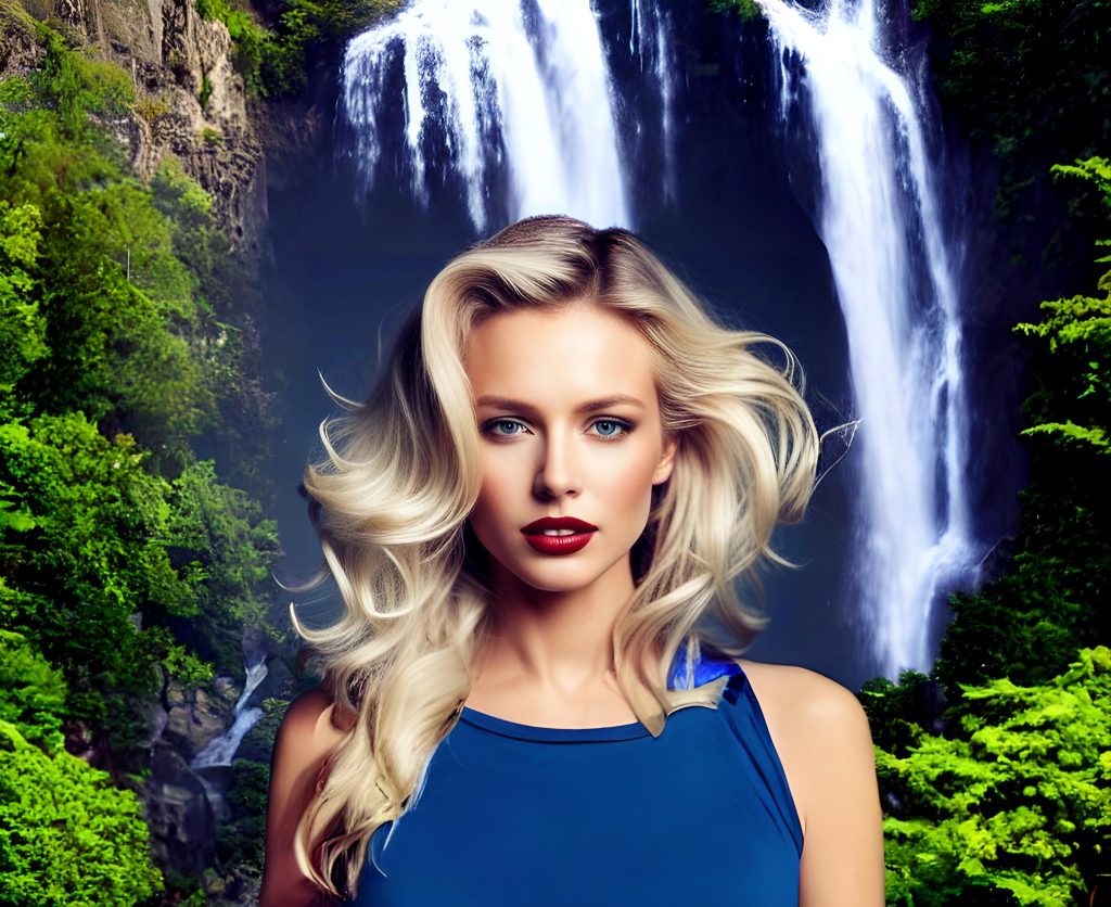 La femme parfaite imaginée par l'intelligence artificielle Stable Diffusion, et placée devant une cascade par l'IA de Runway.
