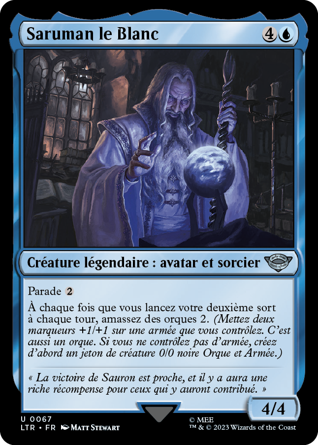 Carte Magic the Gathering de Saruman, dans l'édition Seigneur des Anneaux de 2023.