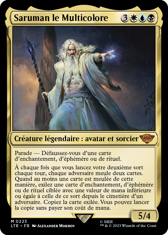 Carte Magic the Gathering de Saruman, dans l'édition Seigneur des Anneaux de 2023.