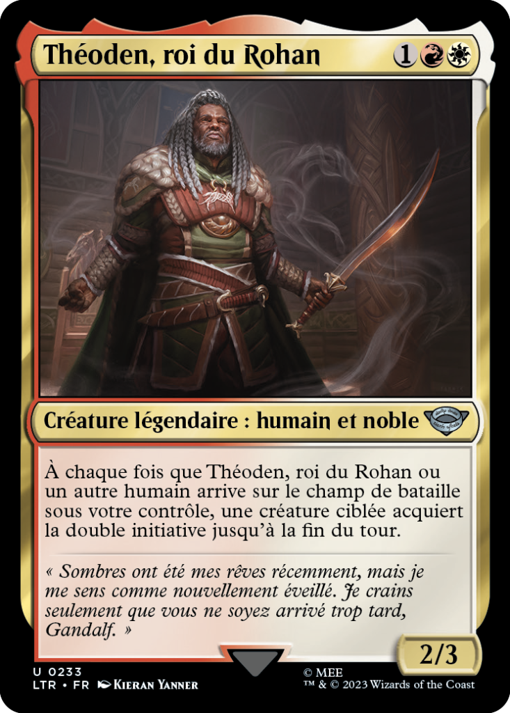 Carte Magic the Gathering Theoden, dans l'édition Seigneur des Anneaux de 2023.