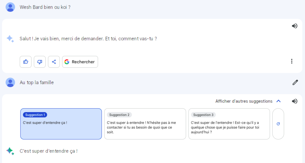 Capture d'écran de Google Bard, l'intelligence artificielle pointue de Google.