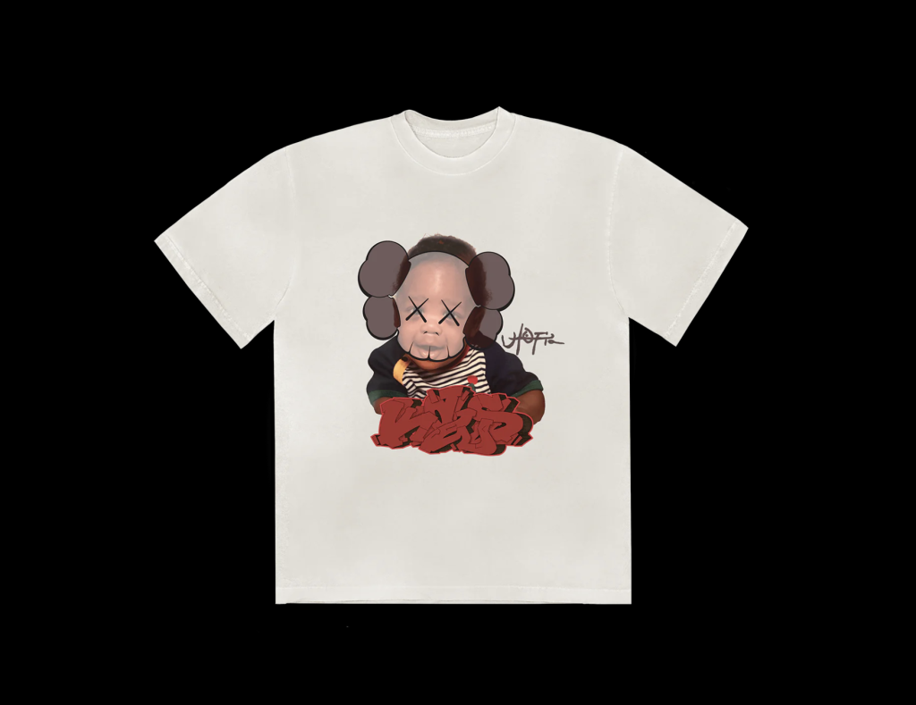 T-shirt spécial de l'album Utopia de Travis Scott : l'un des deux modèles avec Kaws, côté recto, en blanc