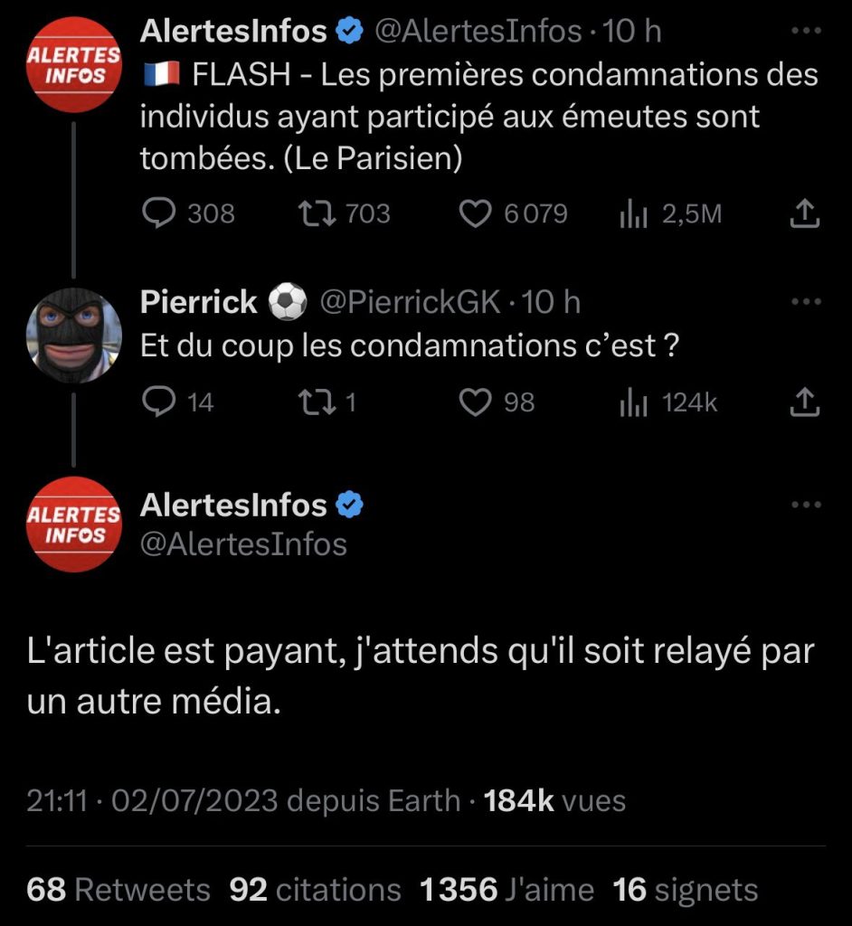 Le compte Alertes Infos relaie des informations qu'il ne lit pas, et ne paye pas.