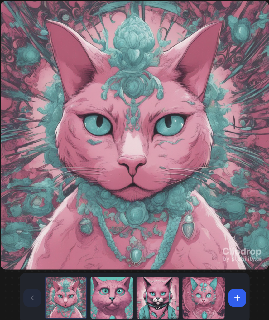 Image générée par l'intelligence artificielle Stable Diffusion avec l'invite texte "A big pink cat with big turquoise eyes, drawn in a satirical manga style."