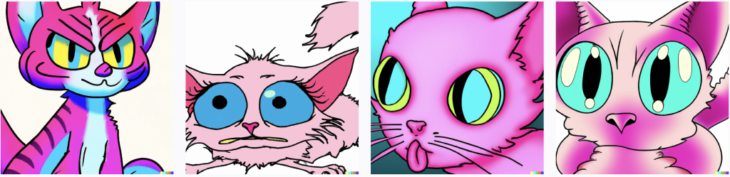 Image générée par l'intelligence artificielle Dall-e avec l'invite texte "A big pink cat with big turquoise eyes, drawn in a satirical manga style."
