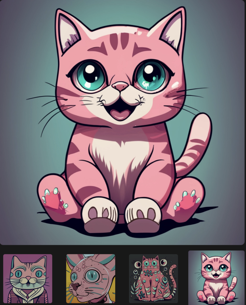Image générée par l'intelligence artificielle Ideogram avec l'invite texte "A big pink cat with big turquoise eyes, drawn in a satirical manga style."